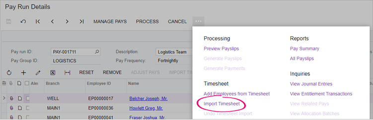 MYOB Acumatica import timesheet to a pay run