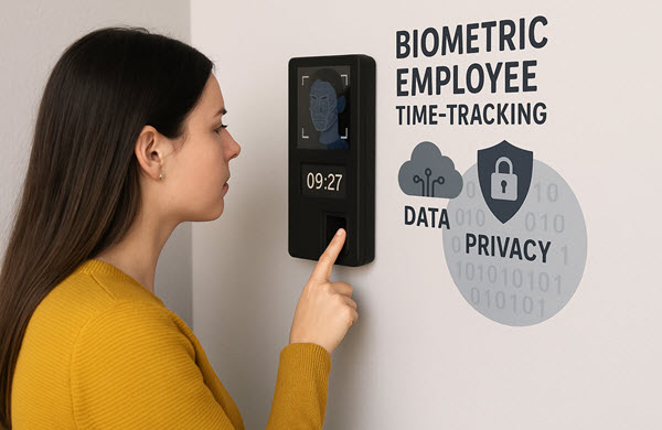 Woman clocking in with biometric scanner
