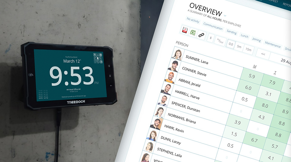 Time tracking system dashboard shown on a desktop monitor and mobile device.
